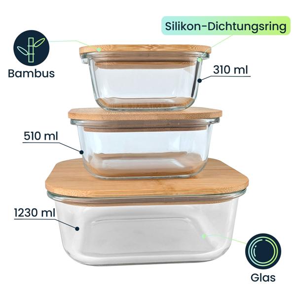 Vorratsdosen mit Deckel (3er-Set) aus Glas & Bambus – Vorratsgläser mit Aromaschutz-Dichtung in 3 Grössen für die Küche