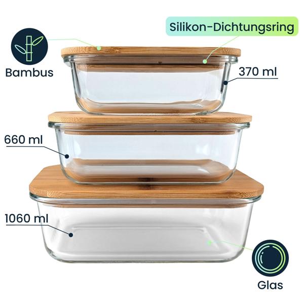 Hochwertige Vorratsdosen mit Deckel, rechteckig, Glas/Bambus, 3 Grössen: Vorratsgläser für Aromaschutz & eine stilvolle Ordnung