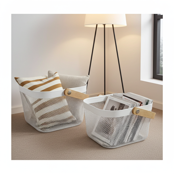 Elegante Metall Drahtkörbe Weiss mit Holzgriff: 2er-Set Aufbewahrungskörbe für Küche & Bad – Praktisch & Dekorativ