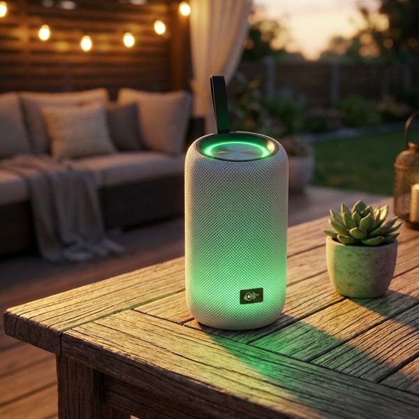 Tragbarerer 16W Bluetooth-Speaker mit LED-Lichteffekt: Weisser Lautsprecher mit kraftvollem Sound & stimmungsvoller Beleuchtung