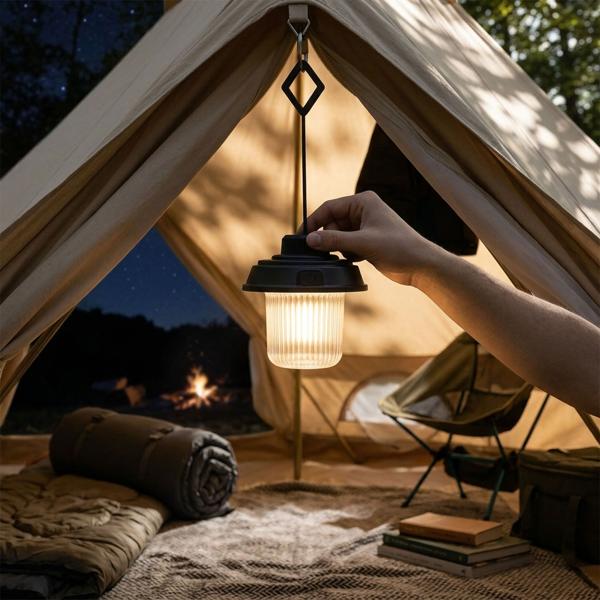 Lampe de camping LED avec 3 modes, noire : 180 lm, batterie rechargeable, crochet pratique – éclairage puissant et mobile pour les aventures en plein air