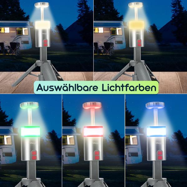Professionelle Outdoor-LED-Leuchte mit Stativ – Mobiler Akku-Strahler mit 180° schwenkbarem Kopf, dimmbar, RGB & Powerbank