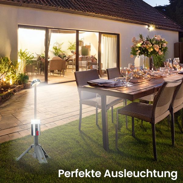 Professionelle Outdoor-LED-Leuchte mit Stativ – Mobiler Akku-Strahler mit 180° schwenkbarem Kopf, dimmbar, RGB & Powerbank