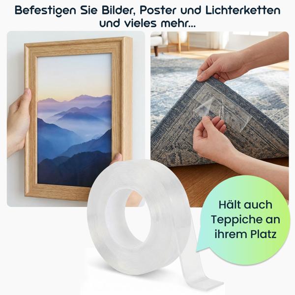 Doppelseitiges Nano-Klebeband Transparent (5m x 10mm): Starke 110g/cm² Haltekraft, Wiederverwendbar, spurlos ablösbar