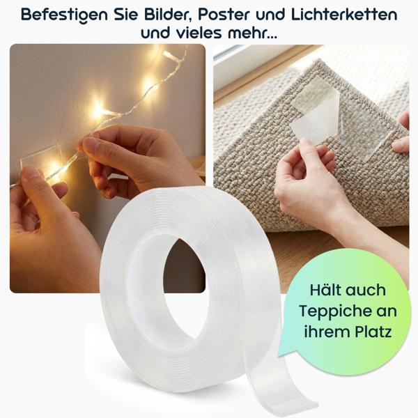 Doppelseitiges Nano-Klebeband Transparent (5m x 30mm): Starke 110g/cm² Haltekraft, Wiederverwendbar, spurlos ablösbar