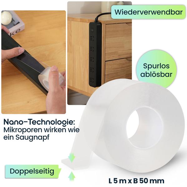 Doppelseitiges Nano-Klebeband Transparent (5m x 50mm): Starke 110g/cm² Haltekraft, Wiederverwendbar, spurlos ablösbar