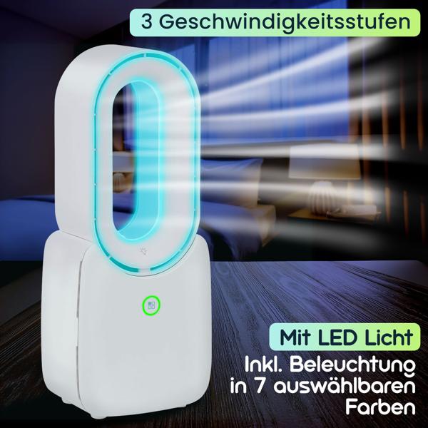 Mobiler Rotorloser Tischventilator (Weiss) mit LED Licht & Akku: Sicher, leise & kabellos für angenehme Kühlung
