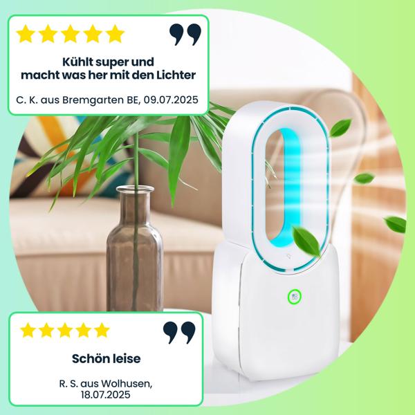 Mobiler Rotorloser Tischventilator (Weiss) mit LED Licht & Akku: Sicher, leise & kabellos für angenehme Kühlung
