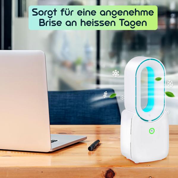 Mobiler Rotorloser Tischventilator (Weiss) mit LED Licht & Akku: Sicher, leise & kabellos für angenehme Kühlung