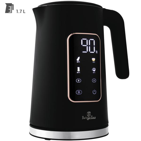 Elegante bollitore in acciaio inox da 1,7 l: 2200 W, moderno display touch, 4 impostazioni, 360°, nero opaco oro rosa - per far bollire l‘acqua in modo rapido ed elegante