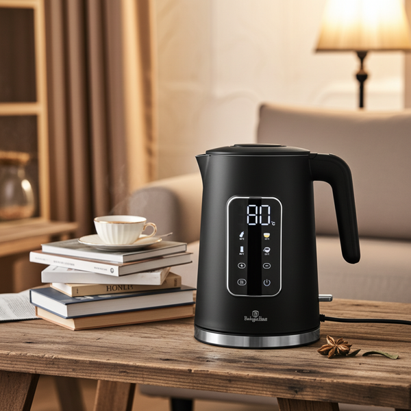 Eleganter 1,7L Edelstahl-Wasserkocher: 2200W, modernes Touch-Display, 4 Stufen, 360°, matt schwarz-roségold – schnelles & stilvolles Wasser kochen