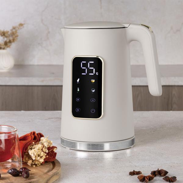 Trendy 1.7L stainless steel kettle: 2200W, modern touch display, 4 settings, 360°, matt white - boil water quickly & stylishly