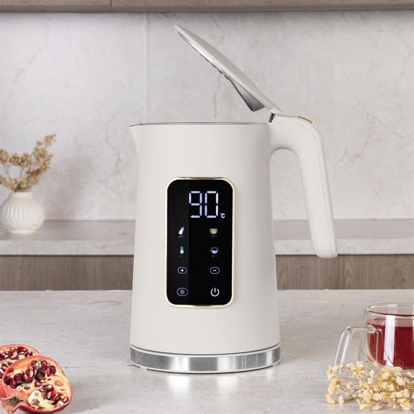 Trendy 1.7L stainless steel kettle: 2200W, modern touch display, 4 settings, 360°, matt white - boil water quickly & stylishly