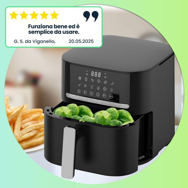 Friggitrice ad aria calda Premium con 11 programmi di cottura, 6,5 l, incluso stampo in silicone, 1600 watt - AirFryer con pannello a sfioramento LED, nero opaco, antiaderente
