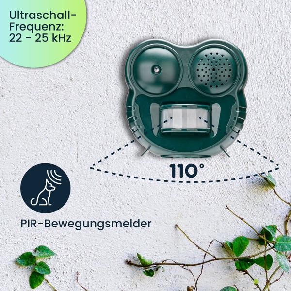 2er-Set  2in1 Ultraschall Tierschreck mit LED-Blitzicht und PIR-Bewegungsmelder, 70 m² - Tierabwehr gegen Katzen, Hunde und Wildtiere