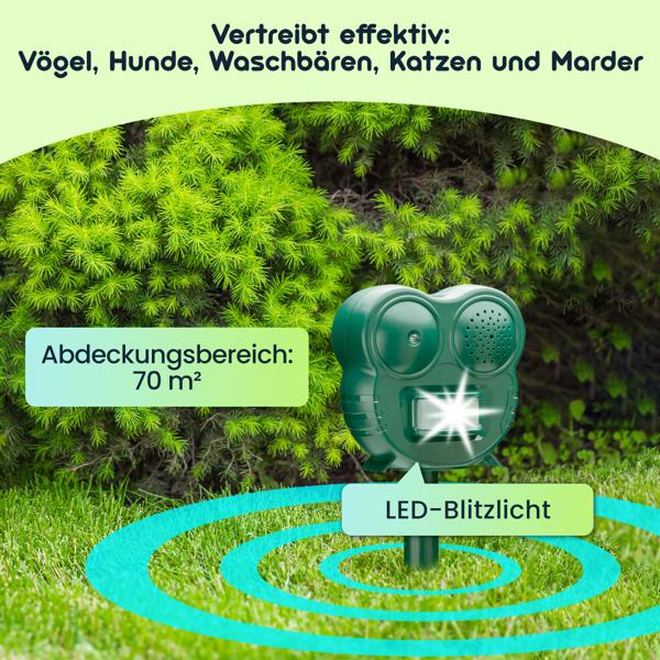 2er-Set  2in1 Ultraschall Tierschreck mit LED-Blitzicht und PIR-Bewegungsmelder, 70 m² - Tierabwehr gegen Katzen, Hunde und Wildtiere