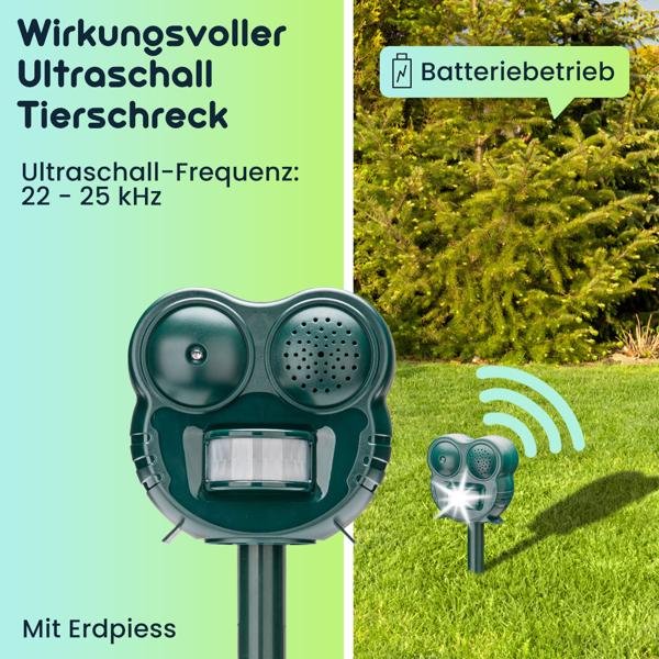 2er-Set  2in1 Ultraschall Tierschreck mit LED-Blitzicht und PIR-Bewegungsmelder, 70 m² - Tierabwehr gegen Katzen, Hunde und Wildtiere