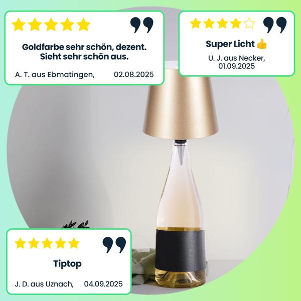 2er-Set Edle Akku Flaschenlampe Gold: Dimmbar, 3 Lichtfarben: Verwandelt Flaschen in stimmungsvolle Leuchten