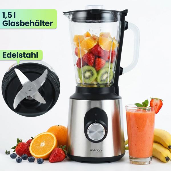 Edelstahl Power Standmixer mit 1,5 l Glasbehälter, Küchenmixer, 1.000 W für Shakes, Smoothies, Saucen oder Zerkleinerung von Obst und Gemüse