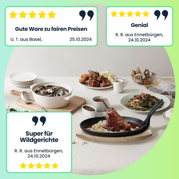 Profi Servierpfanne aus Gusseisen mit Holz-Untersetzer, 24 x 14 x 2,2 cm