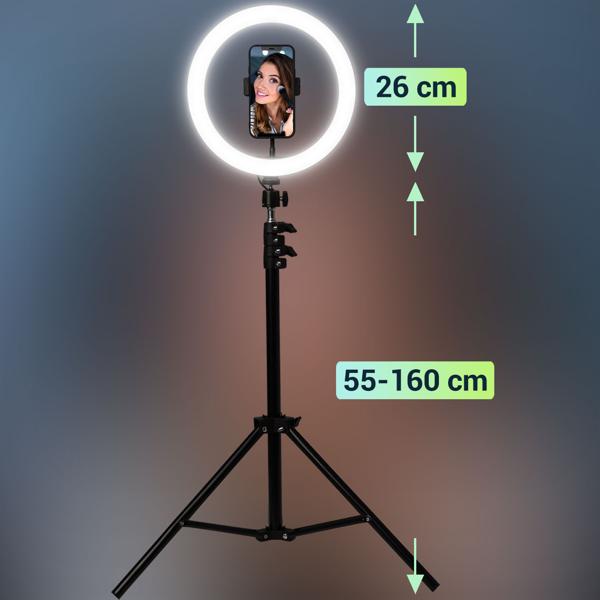 Ring light LED professionnelle avec trépied et support smartphone – déclencheur, Ø 10/25 cm, application – pour YouTube, TikTok, maquillage, lives