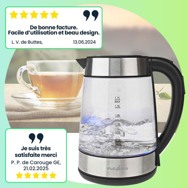 Bouilloire en verre 1,7 L, socle 360° – 2200 W, 5 températures au choix (50, 70, 80, 90, 100 °C) – rétroéclairage bleu, voyant de température 