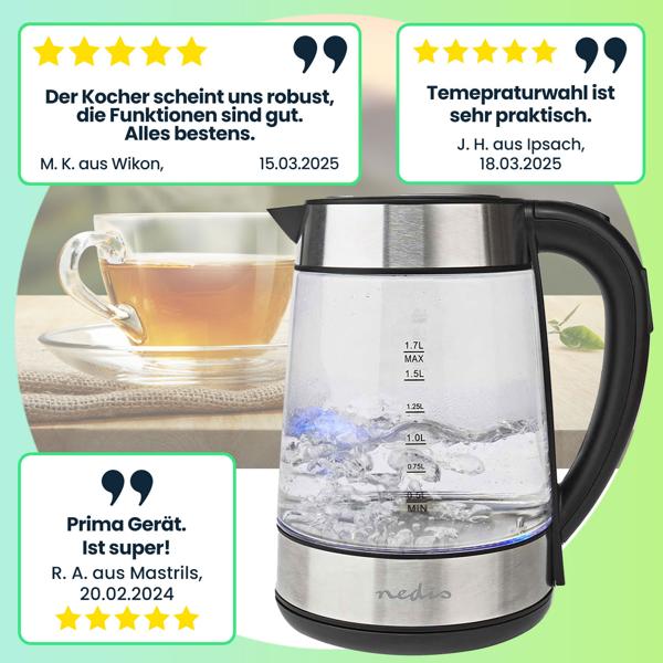 Glas-Wasserkocher, 360°-Drehsockel, 1,7 Liter, 2200 Watt