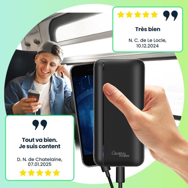 Batterie externe 3 ports USB, 20 000 mAh – Powerbank 1x USB-C et 2x USB-A, Quick Charge 3.0 – pour iPhone 16, 15, 14, 13, 12, Pro/Max, Samsung, iPad, Huawei