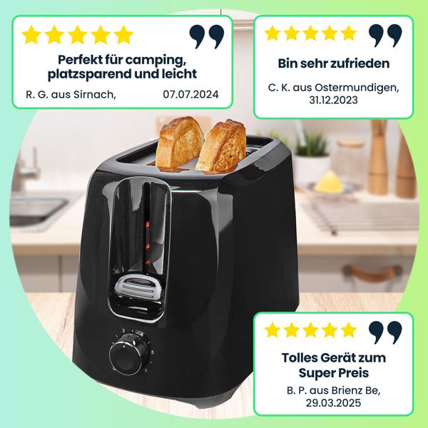 Kompakter Toaster, 2-Scheiben-Toaster mit 6 Röstsstufen, 700 W,  schwarz