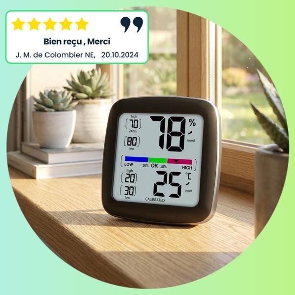 Thermomètre/hygromètre numérique de précision avec écran LCD – calibrable, mesure exacte de la température et du taux d’humidité – idéal pour maison, bureau, jardin
