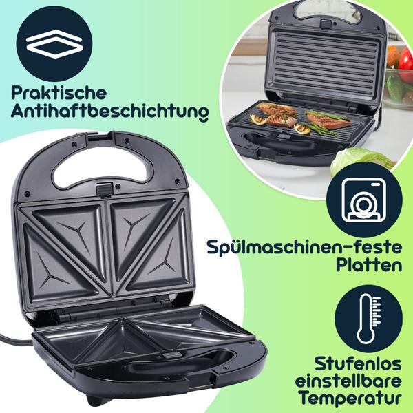 Vielseitiger 3in1 Multi-Grill: Kontaktgrill, Sandwichmaker & Waffeleisen in einem Gerät, (800 W), Abnehmbare Platten, Antihaftbeschichtung