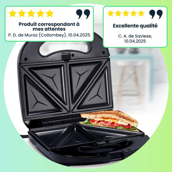 Gaufrier, croque-monsieur, gril – appareil à sandwich 3 en 1, 800 W, plaques antiadhésives amovibles