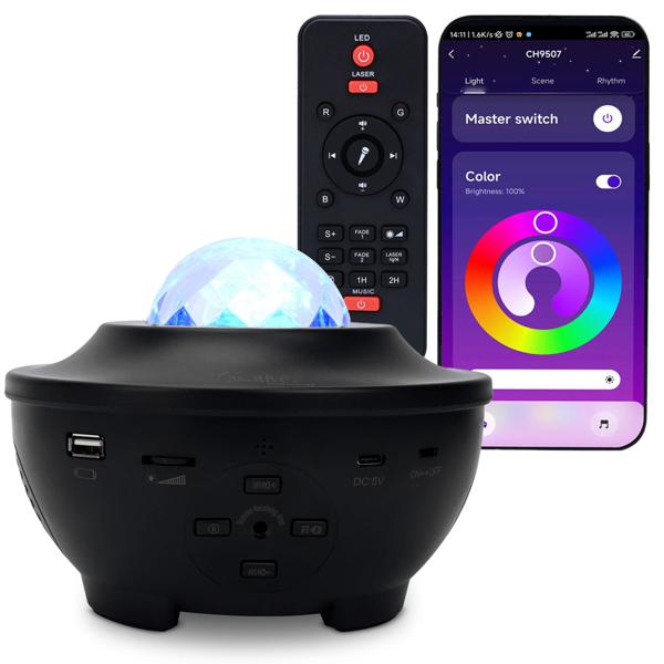 Laser starry sky projector with Bluetooth speaker, voice control & app