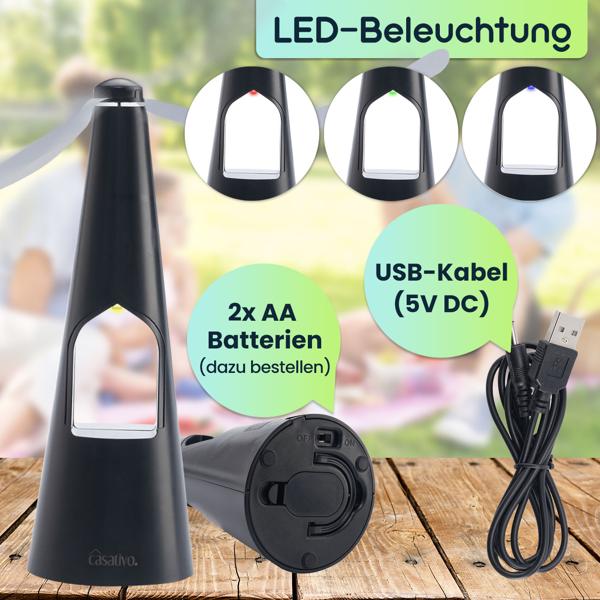 2-Flügel Insektenwedler mit LED-Beleuchtung, Batterie & USB: Sanfte, effektive Fliegenabwehr für Tisch & unterwegs, flexibel beim Essen & Outdoor