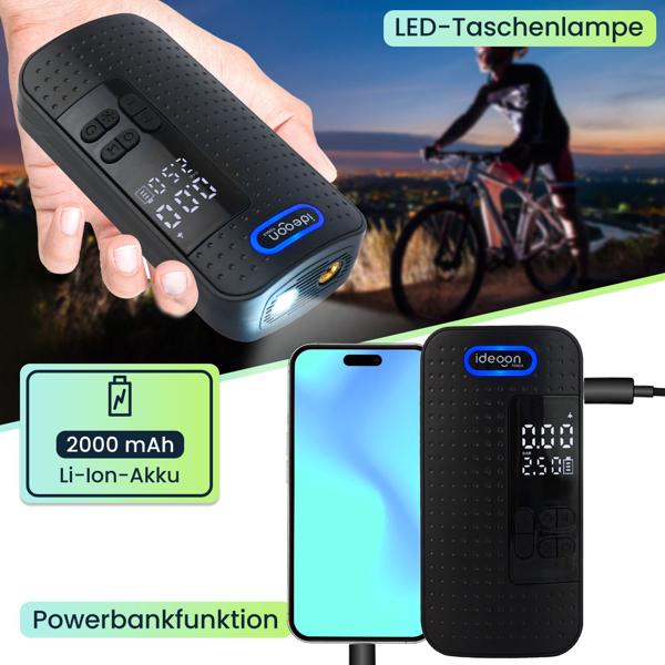 2er-Set Mobiler 10.3 bar Akku-Kompressor: Leistungsstarke & kabellose Luftpumpe mit Digital-Display für Auto & Fahrrad, inkl. Powerbank und LED-Leuchte