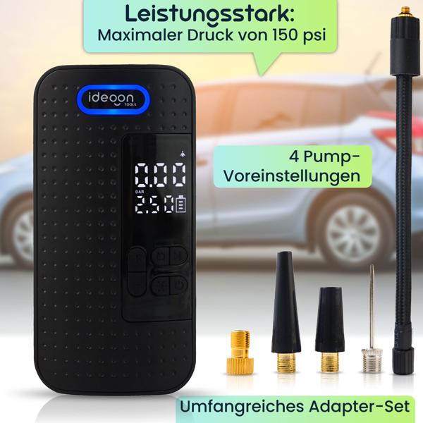 2er-Set Mobiler 10.3 bar Akku-Kompressor: Leistungsstarke & kabellose Luftpumpe mit Digital-Display für Auto & Fahrrad, inkl. Powerbank und LED-Leuchte