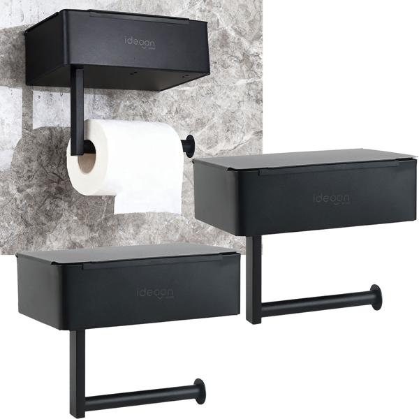 2 dérouleurs de papier WC avec distributeur de lingettes humides et support de smartphone – en métal, sans perçage