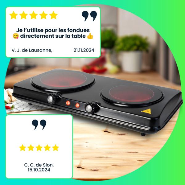 Plaque vitrocéramique portable – 2 foyers (16,4 et 18,8 cm) – 2000 W – cuisson rapide, idéale pour maison, jardin ou camping