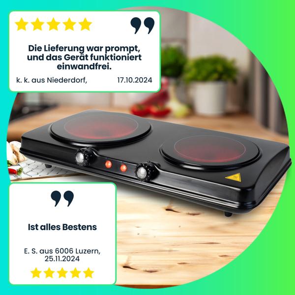 Glaskeramik Doppelkochplatte, 2 Kochzonen mit Ø 16,4 & 18,8 cm, 2.000 W