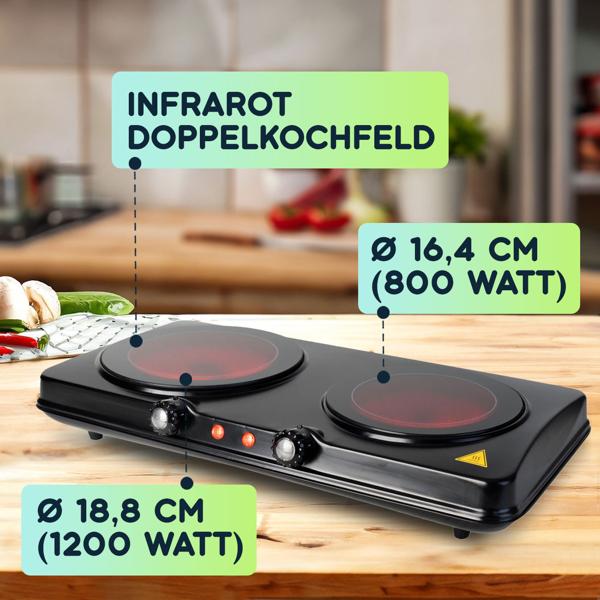 Glaskeramik Doppelkochplatte, 2 Kochzonen mit Ø 16,4 & 18,8 cm, 2.000 W