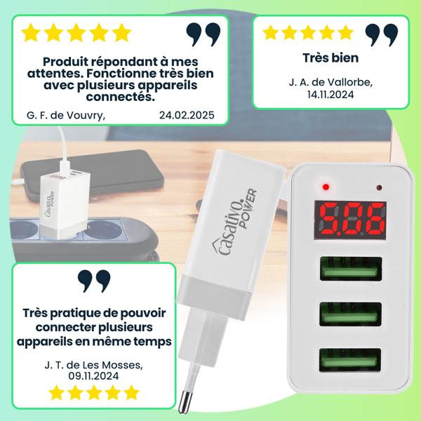 Un chargeur USB très pratique quand les prises de courant sont rares. Ce chargeur USB multiport est très utile en voyage comme au quotidien. Il charge jusqu’à 3 appareils en même temps sur une seule prise de courant. En vacances ou au bureau, les batterie