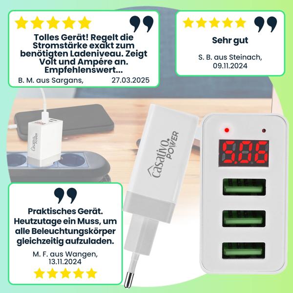 Multi-Port Ladegerät mit 3 USB-Ports & LED-Display, je 5 V / 2,4 A