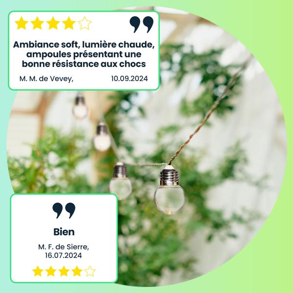 Guirlande lumineuse LED solaire, 20 ampoules blanc chaud, 3,8 m – résistante aux intempéries, pour jardin, balcon et terrasse, IP44