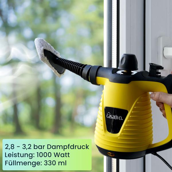 Hocheffektiver Dampf-Reiniger, tragbar, umfangreiches Zubehör, starke 1.000 Watt, 135°C, 3-5 min Aufheiz-Zeit, für Möbel, Polster, Küche, Bad, Auto