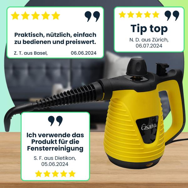 Hocheffektiver Dampf-Reiniger, tragbar, umfangreiches Zubehör, starke 1.000 Watt, 135°C, 3-5 min Aufheiz-Zeit, für Möbel, Polster, Küche, Bad, Auto