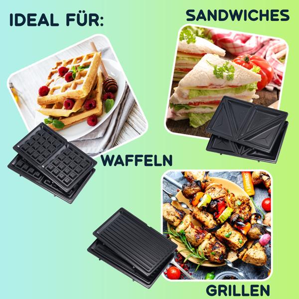 2er-Set Vielseitiger 3in1 Multi-Grill: Kontaktgrill, Sandwichmaker & Waffeleisen in einem Gerät, (800 W), Abnehmbare Platten, Antihaftbeschichtung