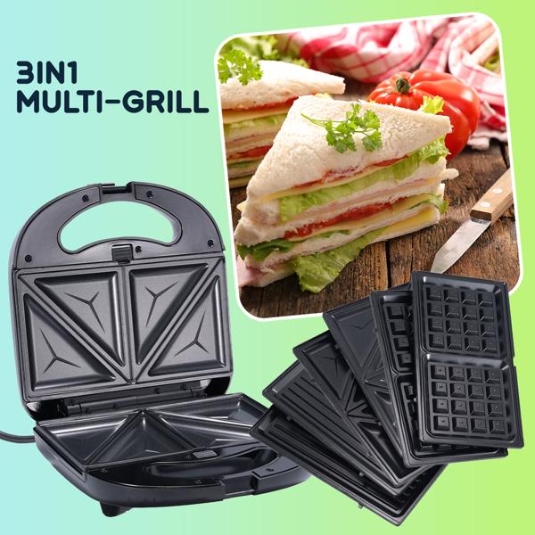 2er-Set Vielseitiger 3in1 Multi-Grill: Kontaktgrill, Sandwichmaker & Waffeleisen in einem Gerät, (800 W), Abnehmbare Platten, Antihaftbeschichtung