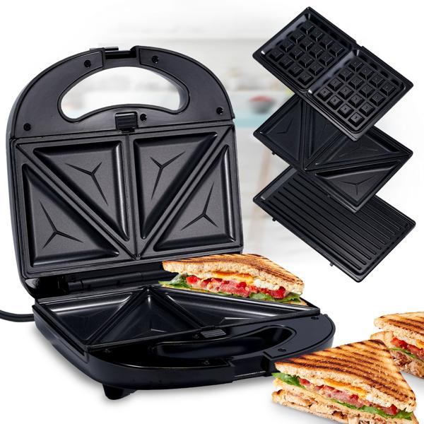 set of 2 Versatile 3in1 multi-grill: contact grill, sandwich maker & waffle iron in one appliance, (800 W), removable plates, non-stick coating
