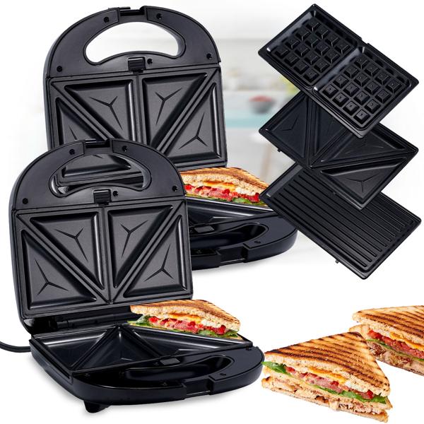 set of 2 Versatile 3in1 multi-grill: contact grill, sandwich maker & waffle iron in one appliance, (800 W), removable plates, non-stick coating