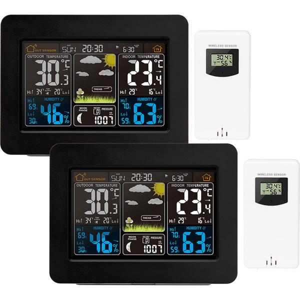 Set of 2 radio weather stations with colour display, DCF clock, sensor, thermometer, barometer, hygrometer, moon phase. Precise weather data & alarm clock for your home